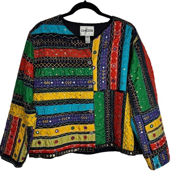 Chicos Multicolor Patchwork Embroidered Jacket 100% Cotton Boho Artsy Sz 3 XL/16 - Picture 1 of 9